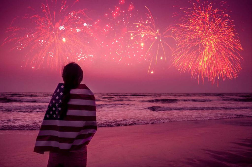 Girl on Beach with Fireworks